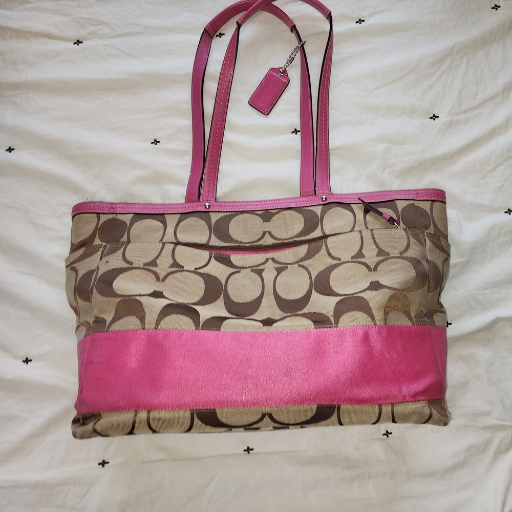 Coach Signature Canvas Diaper Tote Bag with Pink Leather Trim and Straps